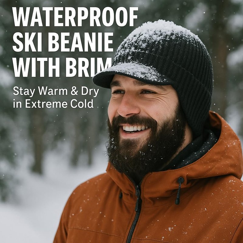 Plus Size M/L/XL/XXL Waterproof Merino Wool Beanie Hat with Brim Ear Flaps Fleece Lined Ski Cap for Cold Weather & Big Heads Black
