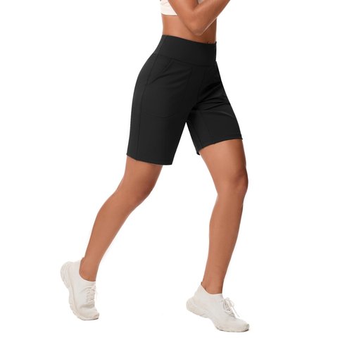 EZPERY Bermuda Shorts for Women with Zipper Pocket Womens High Waisted Long Shorts for Running Workout Athletic Black Dark