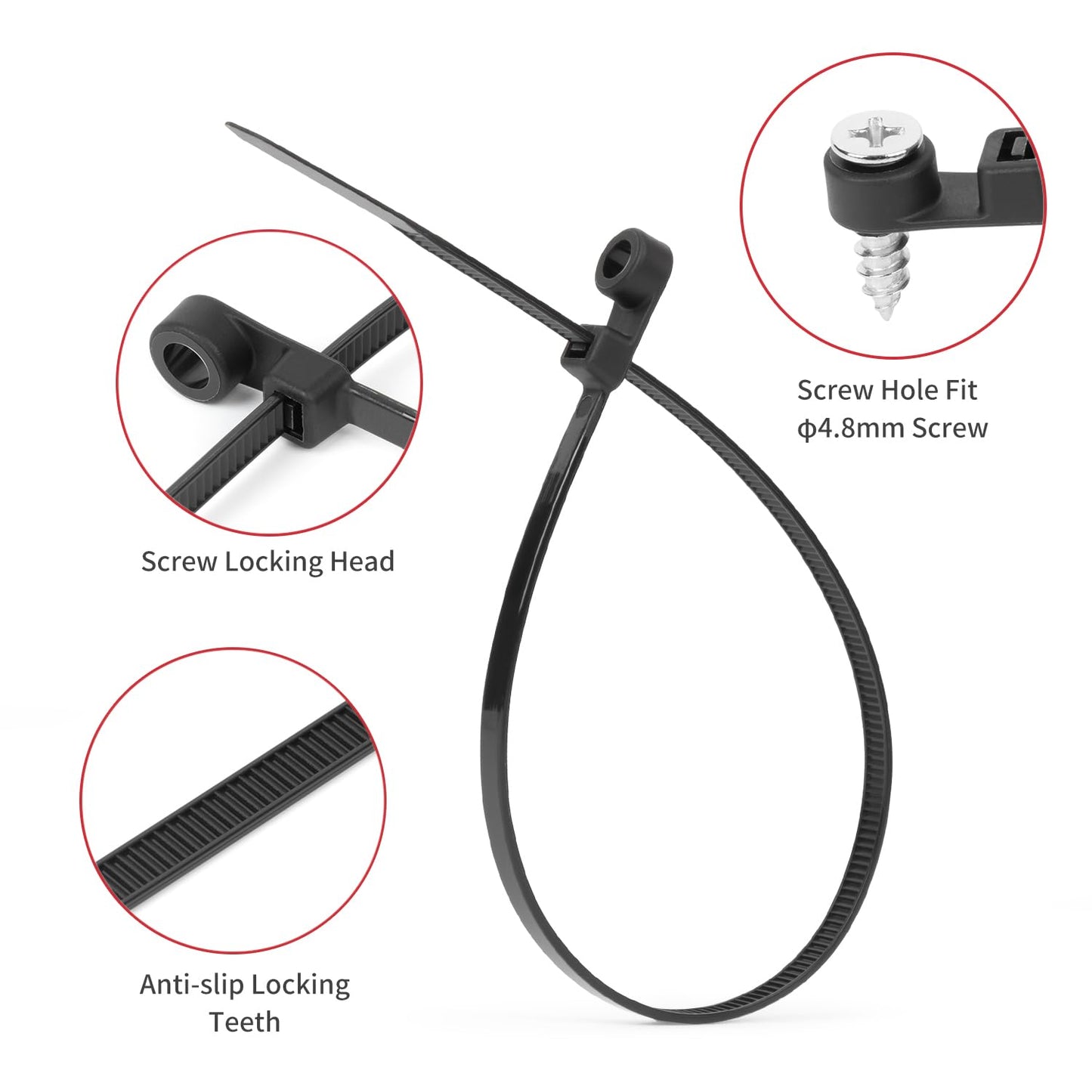 BethTie 120 PCS Black Zip Ties with Screw Hole Assorted Sizes, Mountable Head Nylon Cable Ties, Ideal for Indoor Outdoor Cable Management