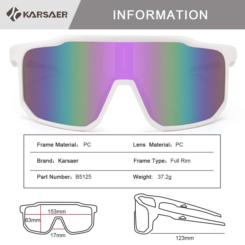 Karsaer Vision Men Women Cycling Sunglasses Baseball Softball Running Sports glasses for Youth Adults Kids Teens Age 8-14, Big, White Frame /Purple Lens