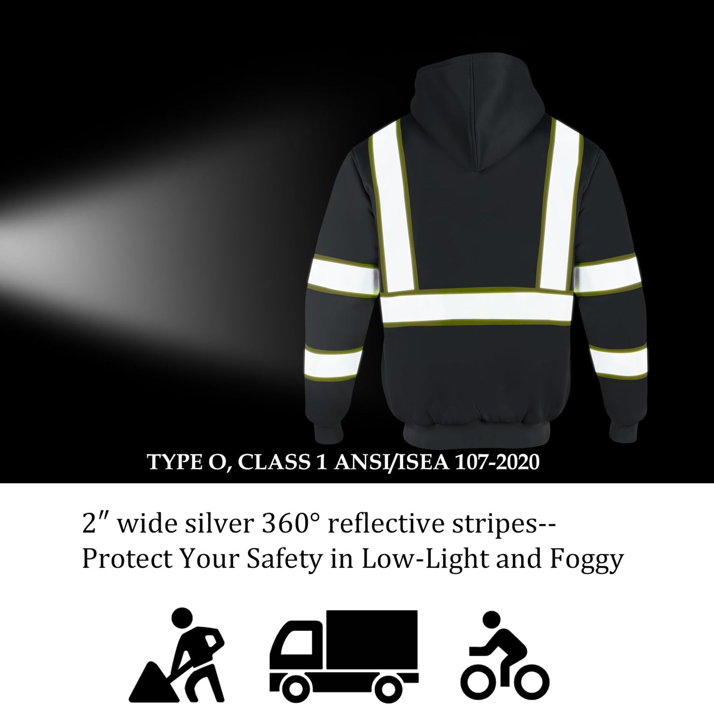 VENDACE Men's ANSI Class 3 High Vis Safety Reflective Sweatshirt Wool Fleece Zipper Jacket Hoodie (Grey,M)