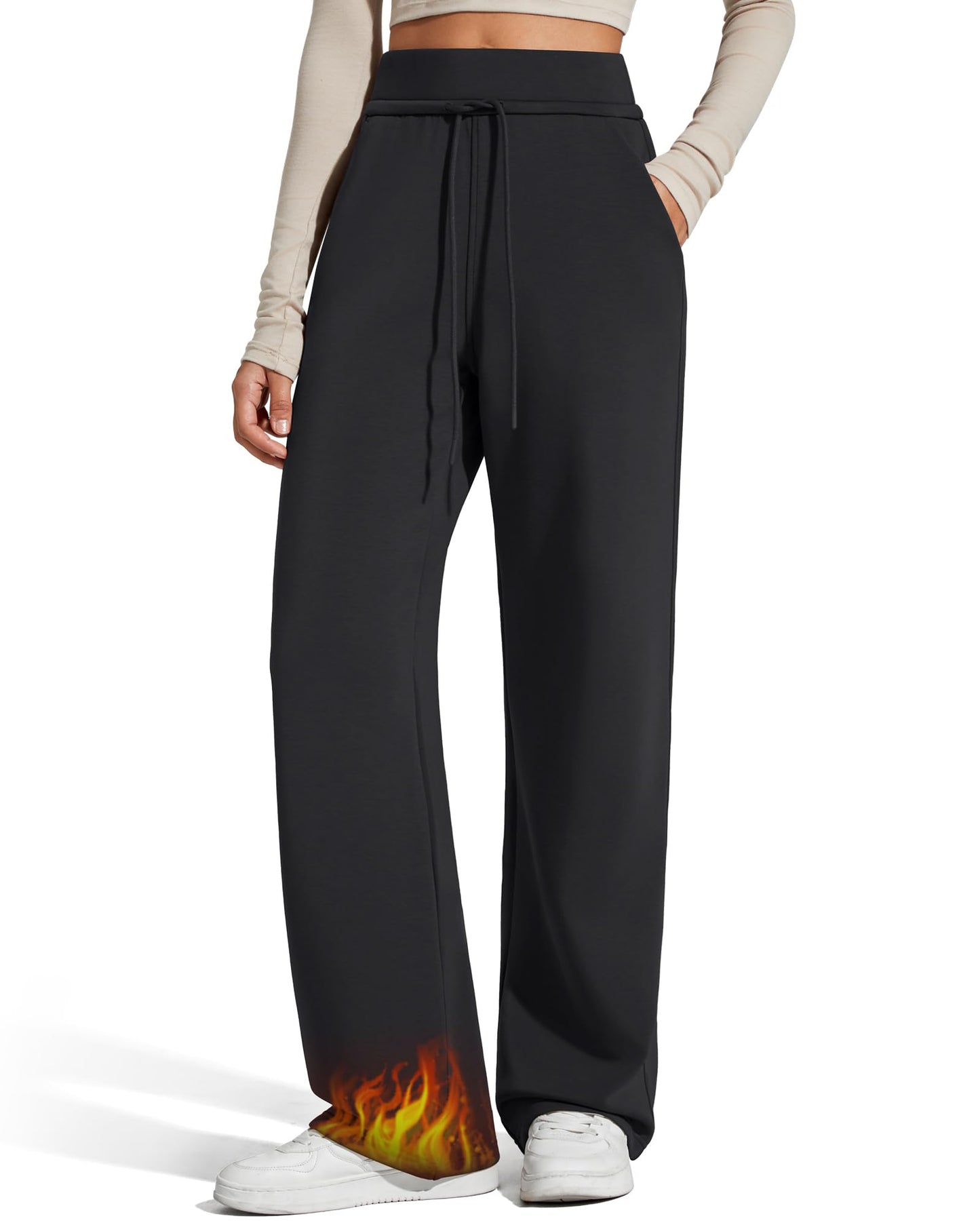G4Free Tall Sweatpants Women Fleece Lined Pants Drawstring High Waisted Winter Daily Life Casual Thermal Pants with Pockets(Black,L,Tall)