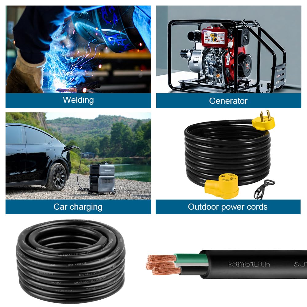 Kimbluth 14 Gauge 3 Conductor Wire SJTW Outdoor Extension Power Cable 100FT, 14/3 Wire Heavy Duty Pure Copper Electrical Wire for Lawn, Battery, Automotive, Outdoors