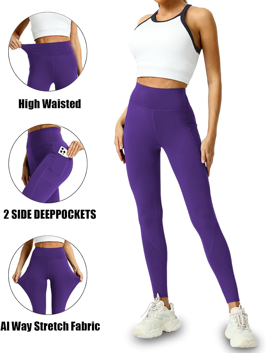 Skiennix 4 Pack Leggings - High Waisted Tummy Control Yoga Pants with Pockets for Women