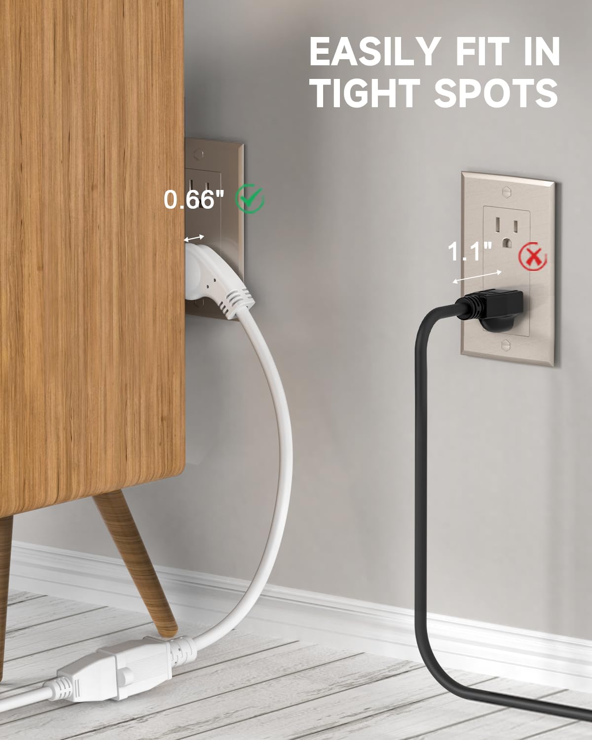 1Ft Flat Plug Short Extension Cord, 90 Degree Plug Adapter, White Low Profile 3 Prong Small Grounded Cords 14 AWG 15A 1875W 2 Pack