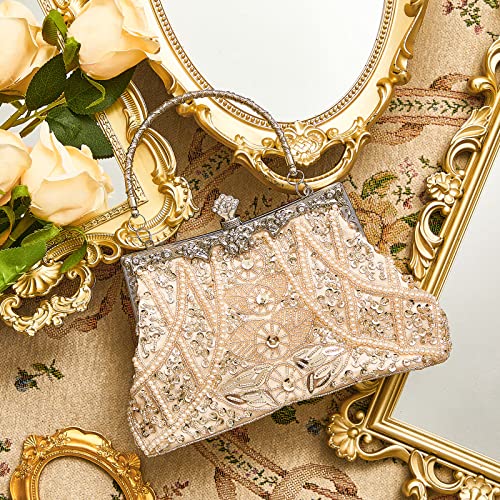 Amylove 1920s Beaded Clutch Evening Bag for Women - Beige Gold Wedding Party Purse