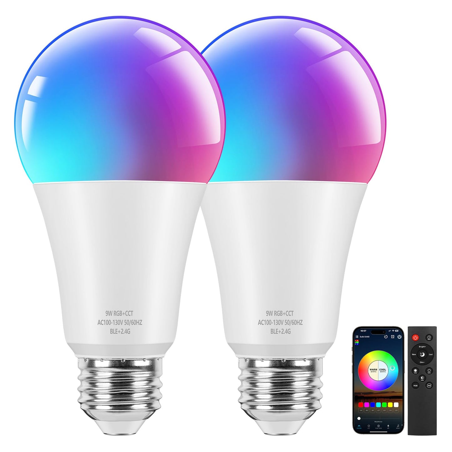 Brightever Smart A19 LED Light Bulbs, 60W Equivalent 800LM Color Changing E26 9W Bluetooth Light Bulbs with Remote Control, 16 Million DIY Colors RGBWW, Music Sync, 2-Pack