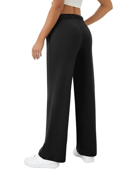 DLOODA Womens Wide Leg Sweatpants Interior Drawstring Baggy Sweat Pants with Pockets Elastic Waisted Lounge Casual Trousers Black