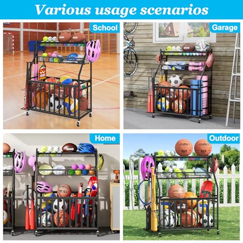 Sports Equipment Organizer with Wheels - Ball Storage Rack