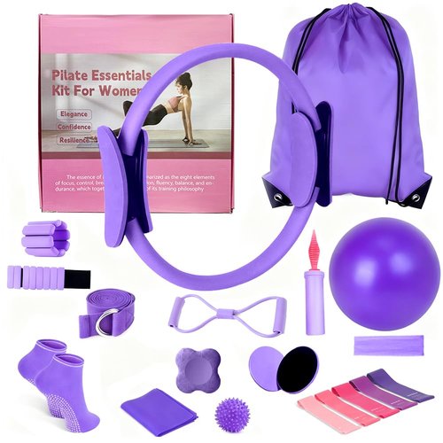 Pilates Equipment Set for Home Workouts –15in1 Home Pilates Kit with Ring and Ball Set, Resistance Bands, Pilates Yoga Accessories, Core Sliders & Ankle Weights, Pilates Essentials Kit (Purple)
