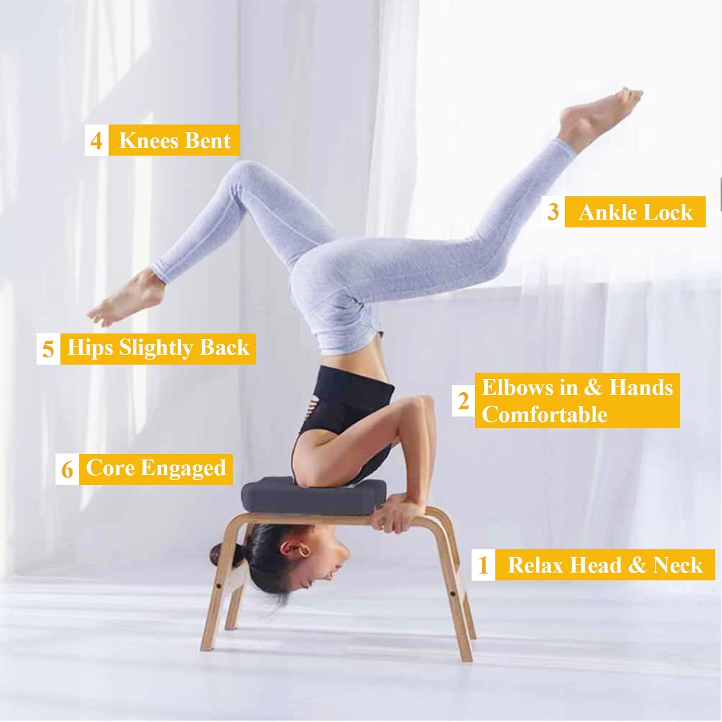 C-CHAIN Balanced Yoga Headstand Bench - Ideal for Workout, Fitness and Gym, for Both Beginner and Experience Yogis - Wood and PU Pads - Relieve Fatigue and Build Up Body (Black)