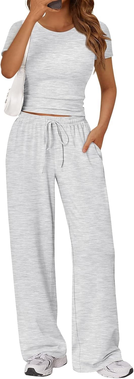 Trendy Queen 2-Piece Summer Sweatsuit Set - Women's Side Ruching Top & Wide Leg Pants with Pockets