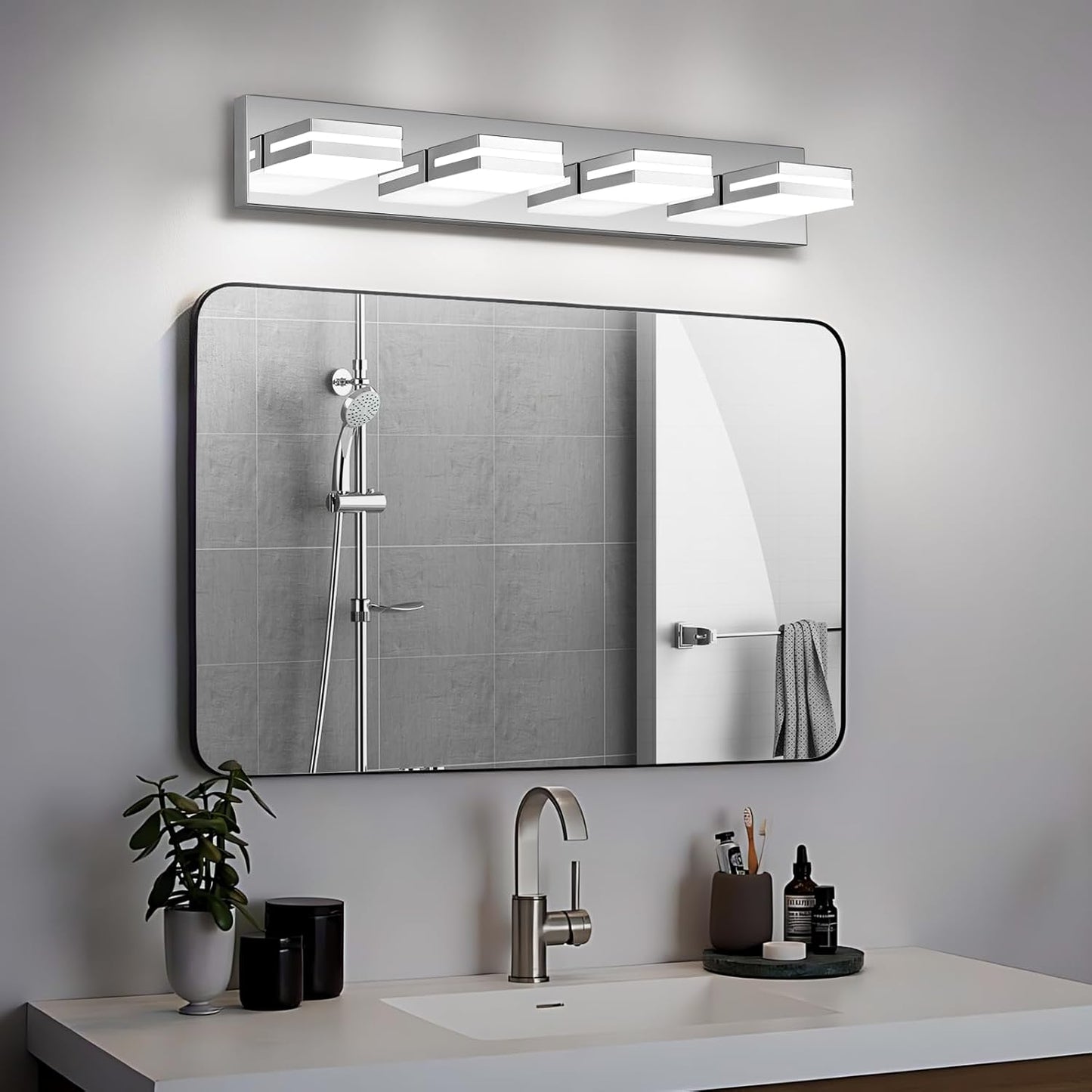 3-Light Modern LED Bathroom Vanity Light Fixture - Black Metal & Acrylic, 16-inch Over Mirror Lighting