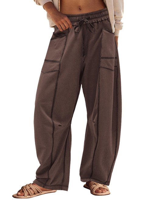 Panadila Womens Barrel Pants Drawstring Wide Leg Sweatpants Baggy Summer Lounge Pants Casual Beach Trousers (Coffee Brown,L)