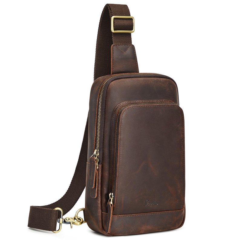 S-ZONE Sling Bag for Men Women RFID Blocking Top Grain Leather Crossbody Shoulder Bag Chest Hiking Daypack Travel