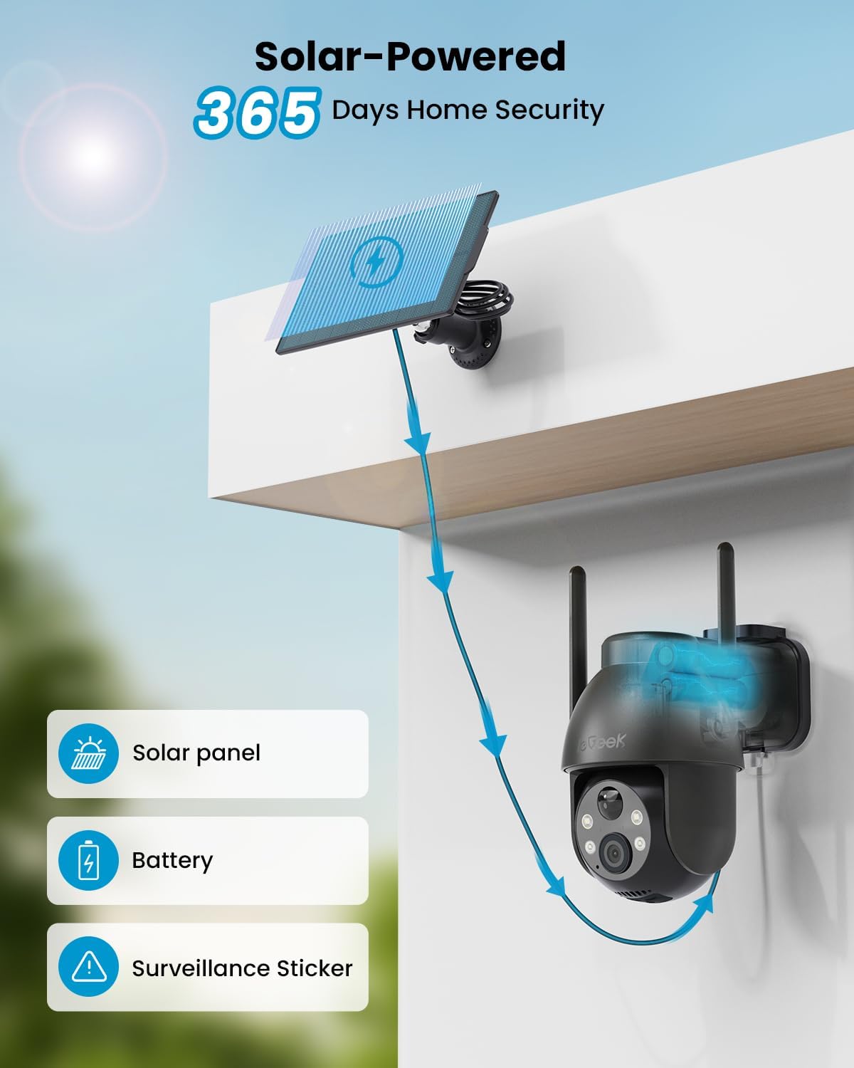 2K Solar WiFi Security Camera - Wireless Outdoor Surveillance with 360° PTZ & Night Vision