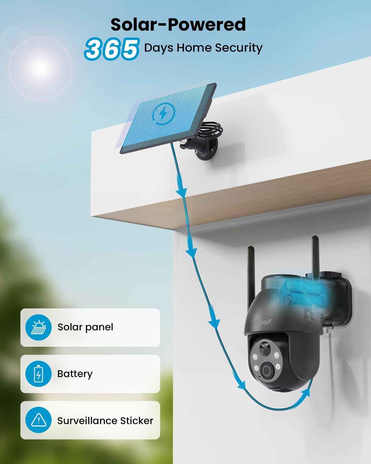 2K Solar Wireless Security Camera - Outdoor Battery-Powered Surveillance with 360° PTZ, Color Night Vision & 2-Way Audio