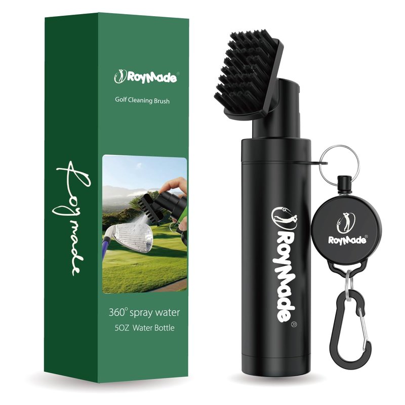 ROYMADE Pro Golf Club Brush Cleaner with 5oz Water Bottle Spray Water Easy Cleaning with Nylon Bristles, Adjustable Duty Retractable Clip, Carabiner Clip,Best Golf Gifts(Black)