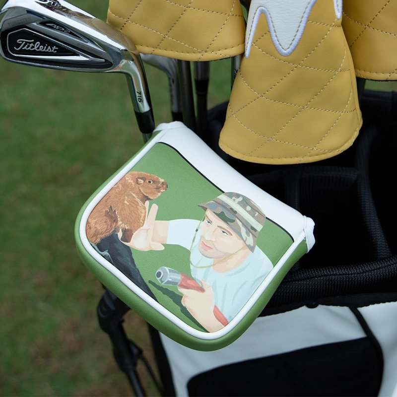 Golf Square Heel Shaft Mallet Putter Cover Headcover, Funny Design Magnetic Closure Elegant Embroidery Premium Leather Putter Headcovers (White Gopher)
