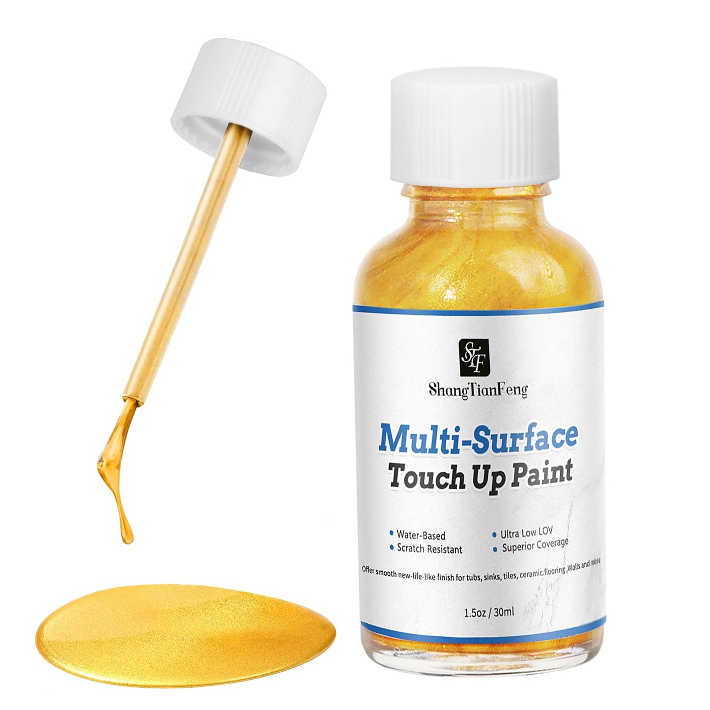 ShangTianFeng Gold paint high-gloss multi-surface rich gold paint is suitable for metal, wood, cast iron, plastic, canvas, electrical appliances, acrylic, enamel, furniture scratch repair and artistic handicrafts. Artistic gold foil 30ml/1.5oz quick-dryin