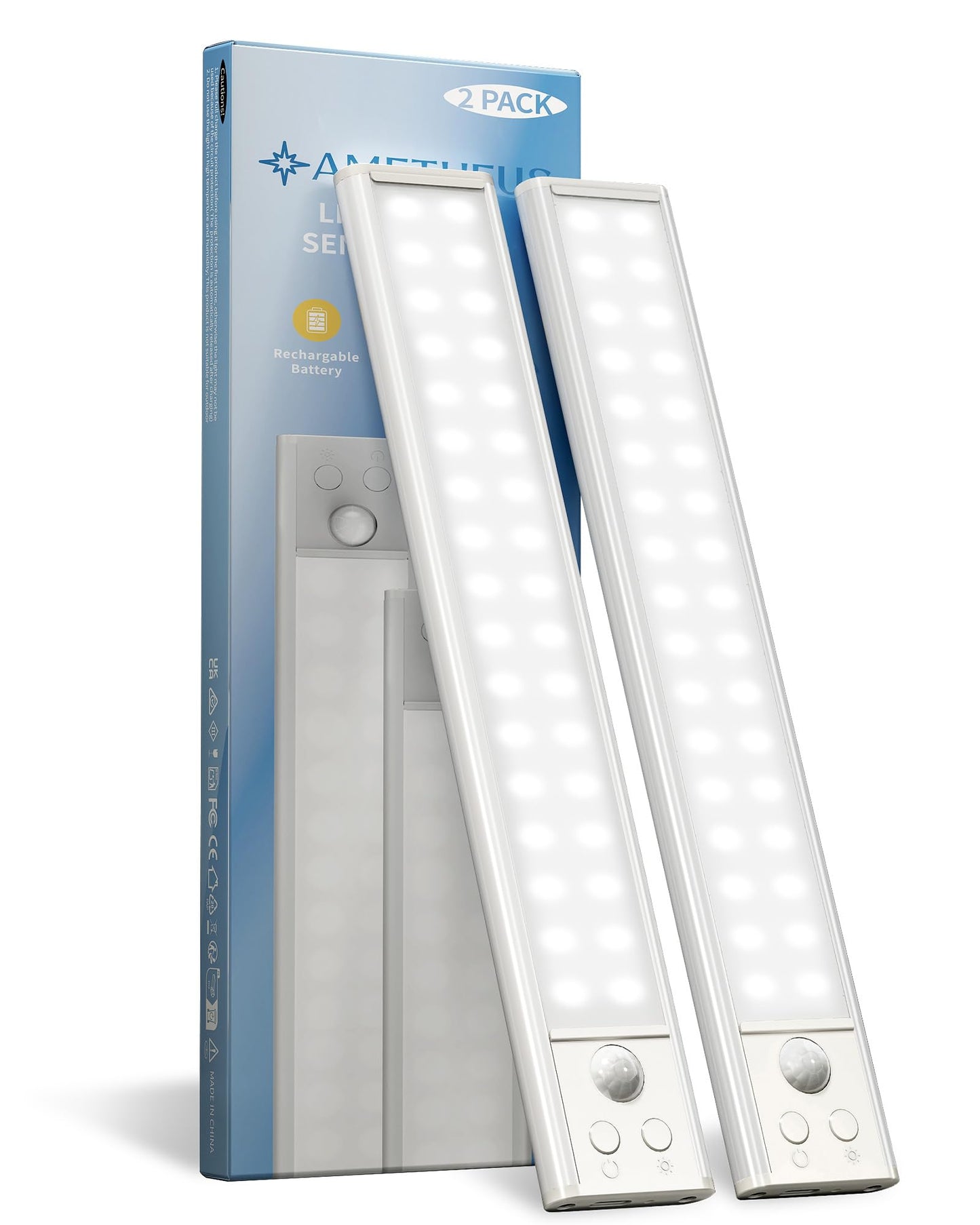 AMETHEUS 10inch Under Cabinet Lights, Motion Sensor Light Indoor, Wireless Closet Lights, 1800mAh Rechargeable Battery, Magnetic, 5 Levels Dimmable, Under Counter Lights for Kitchen, Bathroom (2 Pack)