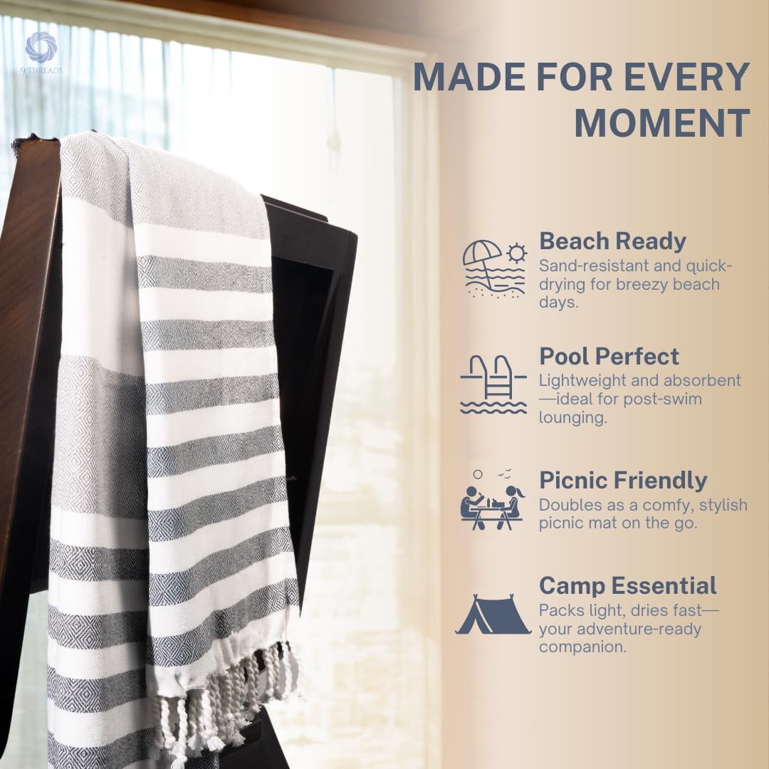 9Threads Cotton Turkish Beach Towel with Towels Oversized 36"x72" Pool Absorbent Extra Large Quick Dry Sand Travel Towel (Mélange Drift, 2 Pack)