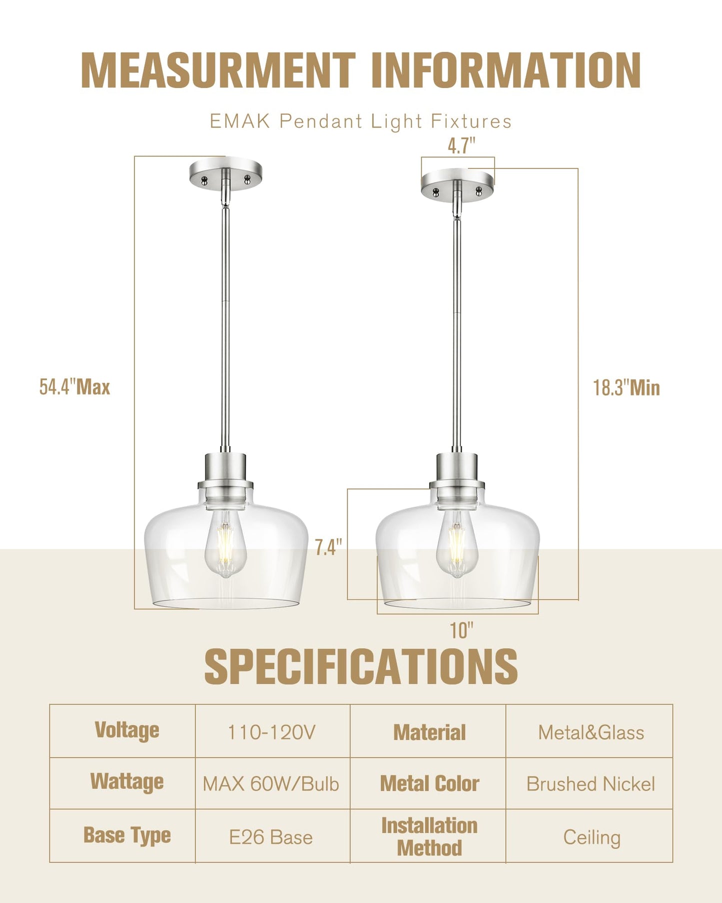 Emak 10 Inch Brushed Nickel Pendant Light, Modern Large Pendant Lights Kitchen Island, Hanging Lights with Clear Glass Shade for Kitchen, Dining Room, Entrance, PL126-BN-CG