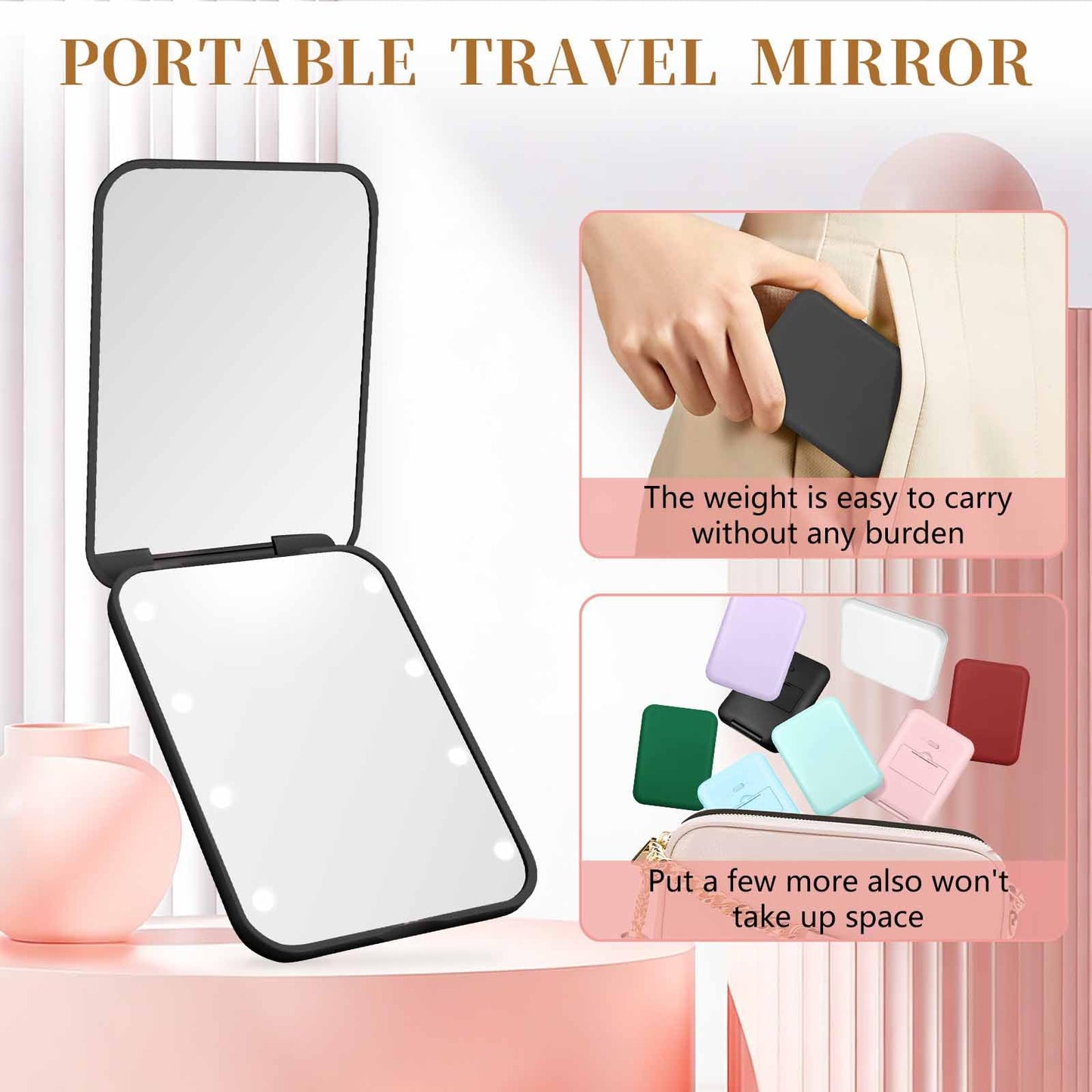 Kakuje Compact Mirror, 1X/3X Magnification LED Pocket Mirror with Nternal BIattery, Mini Mirror for Purse, Pocket,Travel and Present (Black)