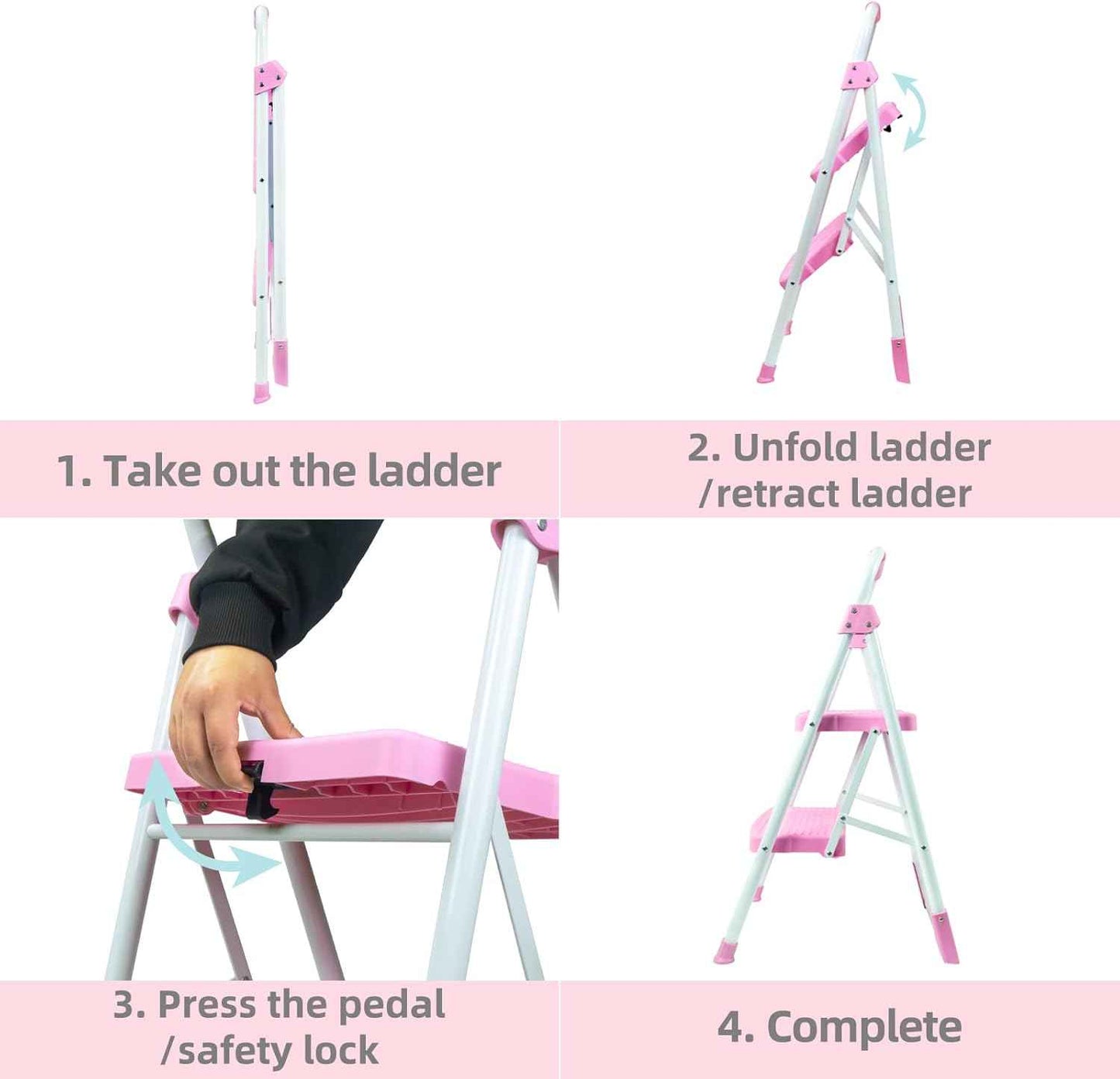 Portable 3-Step Folding Ladder - Sturdy Steel Step Stool with Anti-Slip Pedal & Handgrip, 500lbs Capacity for Home & Office
