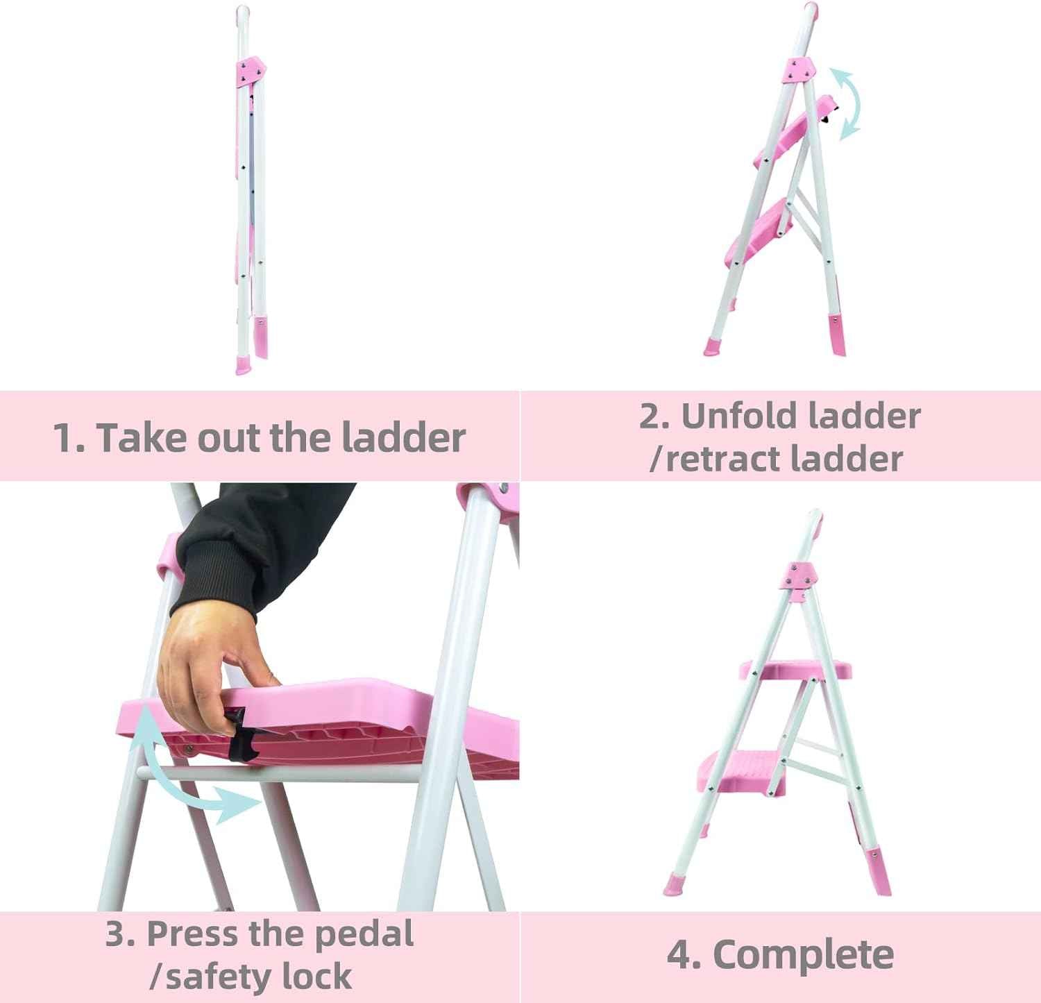 Portable 3-Step Folding Ladder - Sturdy Steel Step Stool with Anti-Slip Pedal & Handgrip, 500lbs Capacity for Home & Office
