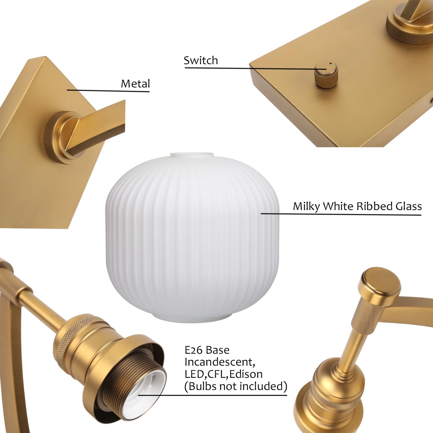 Pathson Milk White Glass Wall Sconce with Switch, Hardwired Wall Vanity Light, Mid-Century Vintage Wall Lamp Fixture or Living Room Farmhouse Bathroom Bedside Lighting