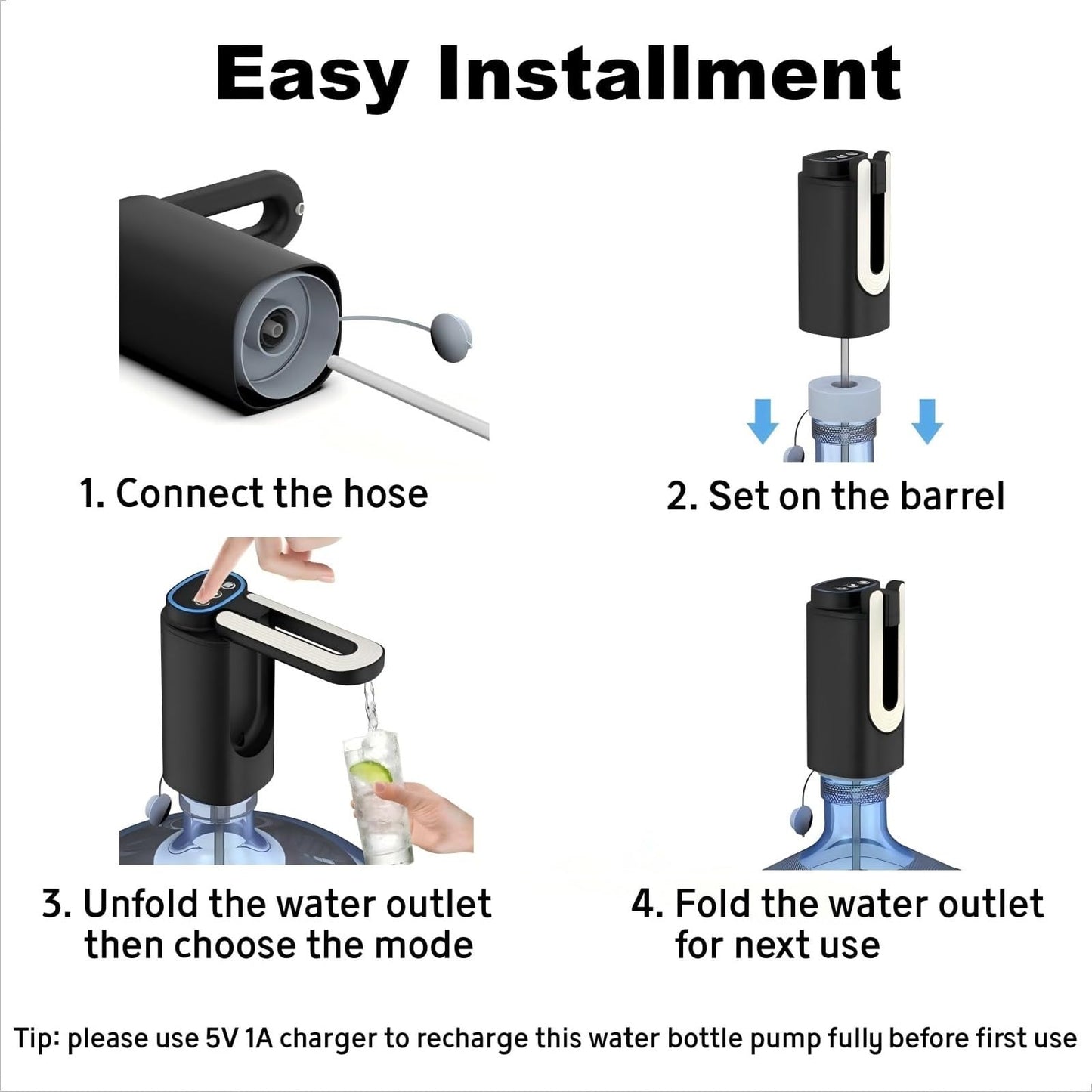 Water Dispenser for 5 Gallon Bottle, Water Pump for 5 Gallon Jug, 5 Gallon Water Bottle Pump, Foldable Water Outlet to Remain Clean, Rechargeable Automatic Drinking Water Bottle Dispenser-Black