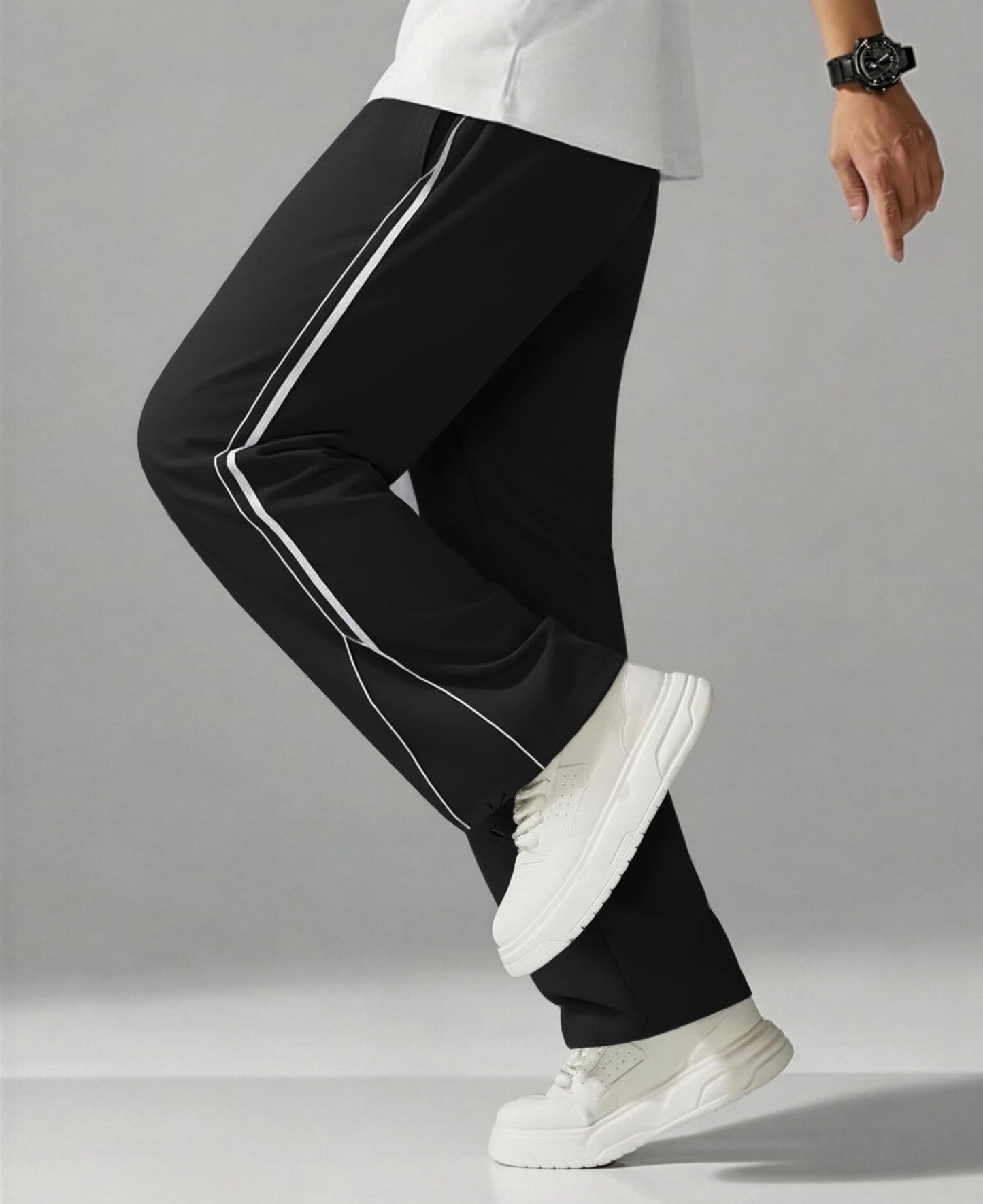 Susclude Baggy Sweatpants Wide Leg Y2k Track Pants Casual Spring Stretch Drawstring Elastic Waist Side Stripe Pants with Pockets Black