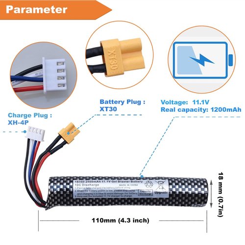 funkawa Water Bead Gel Ball Blaster 11.1V 2500mAh [Capacity and Discharge Upgraded ] Rechargeable Battery XT30 Plug with Charging Cable, Airsoft Battery 11.1V for Airsoft Gun Gel Ball Blaster(1-Pack)
