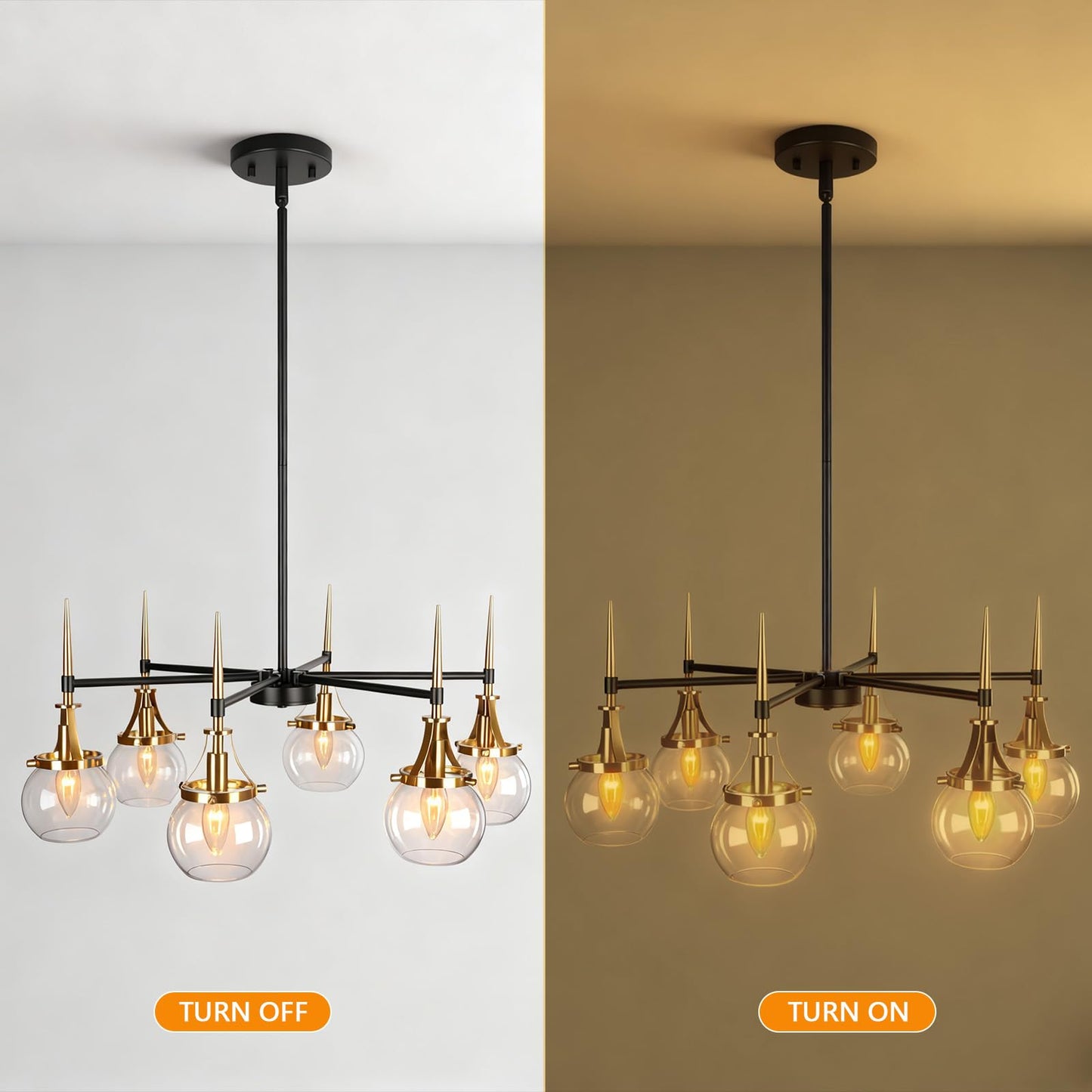 Obihivlo 6-Light Black Gold Bubble Chandelier Brass Antique Glass Globes, Mid Century Modern Pendant Lighting Fixture for Dining Room, Kitchen, Living Room, Bedroom, D27.6 x H71.5 Adjustable Height