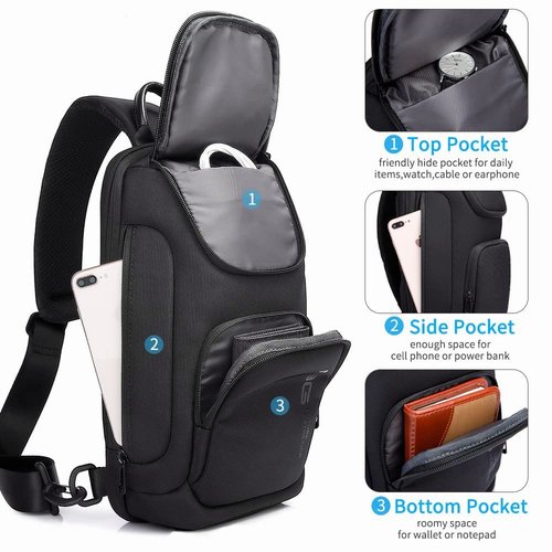 BANGE Mens Sling Bag, Waterproof Man Bags Crossbody, Casual Crossbody Backpack for Outdoors Hiking Traveling Men and Women-Black