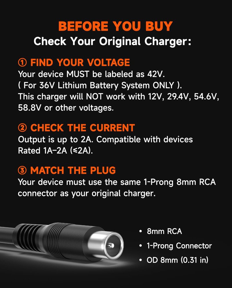YZPOWER 42V 2A Scooter Charger for Segway Ninebot, Compatible with MAX G2 G30LP E2 Pro F65 F40 F30 D28 D40 ES2 ES4 E22 E45, Replacement Power Adapter for 36V Lithium Battery, RCA Round Charging Port
