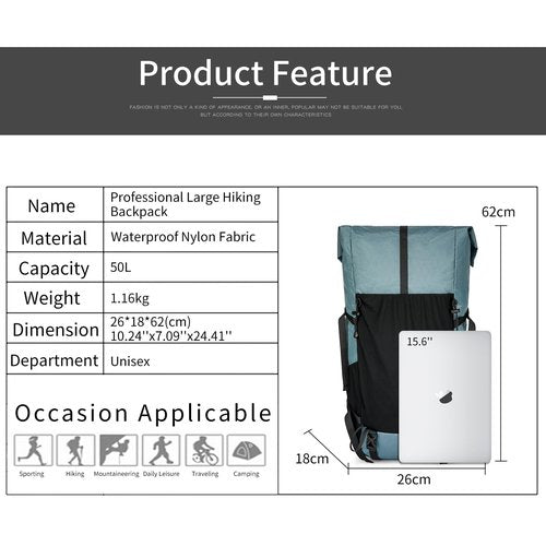 Hiking Backpack,40L to 50L Extra Large Capacity Hiking Bag,Internal Frame Camping Backpack,Upgraded X-PAC Lightweight Sport Daypack Travel Backpack Fit For Mountain Climbing Camping(Grey Green)