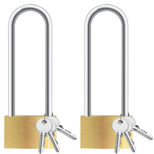 Lockwise 2 Pack Long Shackle Padlock, 2.9 in Waterproof Solid Brass Locks with 3 Keys, Padlock with Key for Gym Locker, Fence, Sheds (Light-Duty)