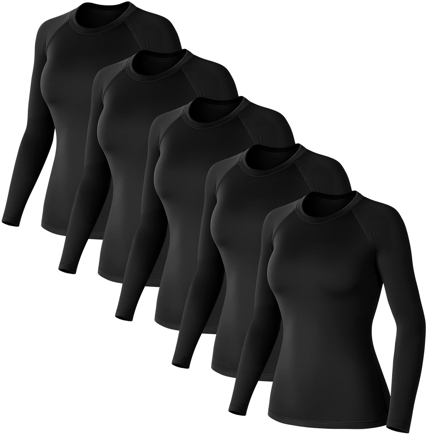 Simlakey 5 Pack Women's Compression Shirt Long Sleeve Workout Shirts Quick Dry Fitted Athletic Tops Gym Yoga Running(Black,L)