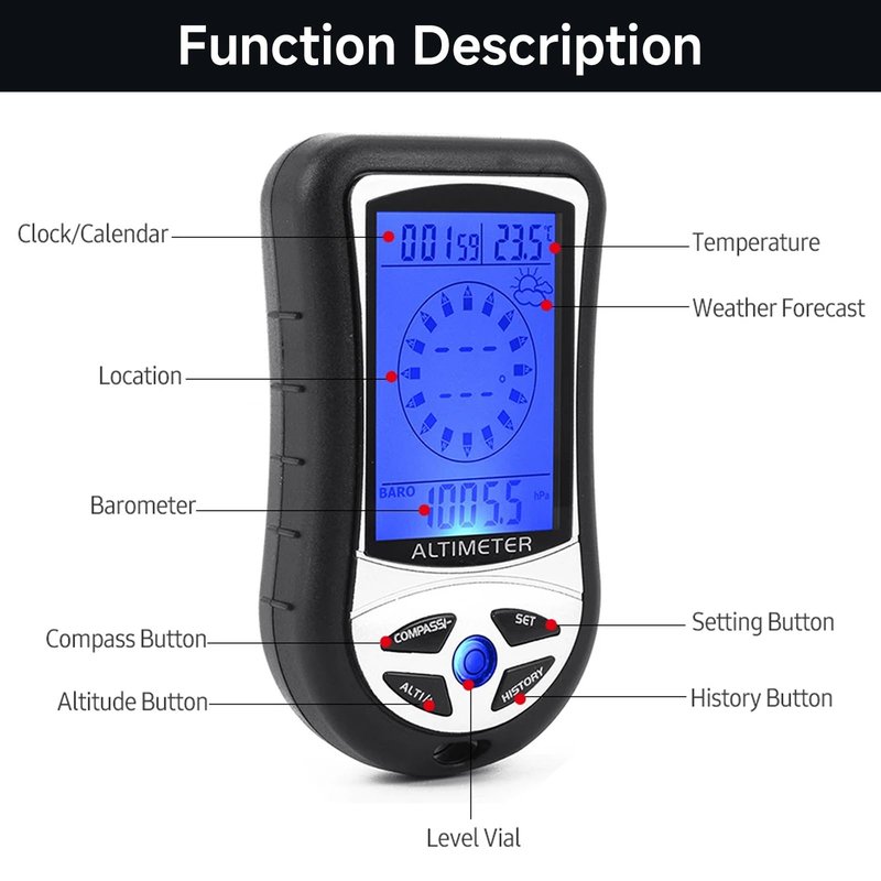 Kodrily Digital Altimeter, Digital Compass, Hiking Thermometer, Barometer 8 in 1 for Hiking Outside -2300 to 29500FT 1100MBAR, 300mbar to 1100mbar