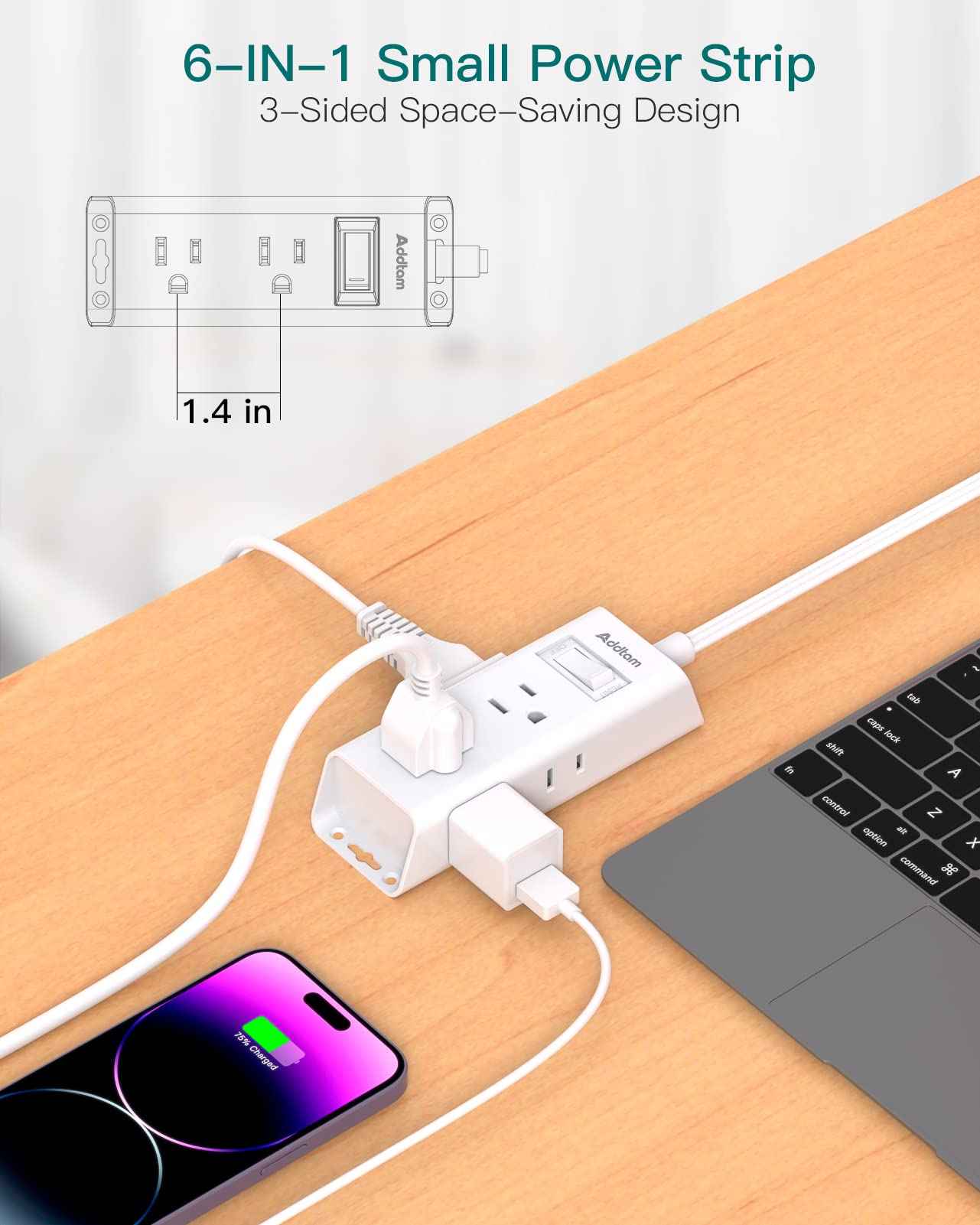 Flat Plug Power Strip, Addtam Ultra Flat Extension Cord with 6 Outlets Extender, No Surge Protector for Cruise Ship, Travel, Dorm, Home Office,2 Pack