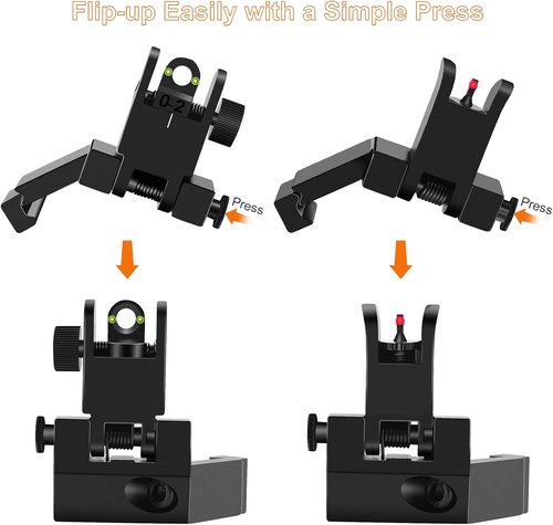 Fiber Optics Iron Sights - Low Profile 45 Degree Front & Rear Backup AR Sights | Durable All-Metal Construction with Red & Green Dots