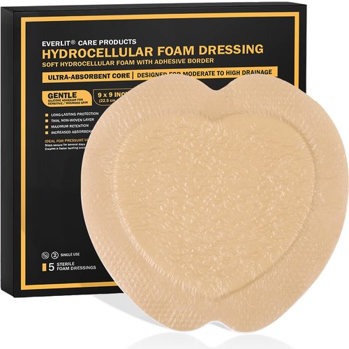 EVERLIT Sacrum Silicone Foam Dressing | Highly-Absorbent Waterproof Sacral Bandage Pad for Bed Sore Pressure Ulcer Wound Care | Sterile Adhesive Dressing for Chronic Wounds (9" x 9" | 5 Pack)