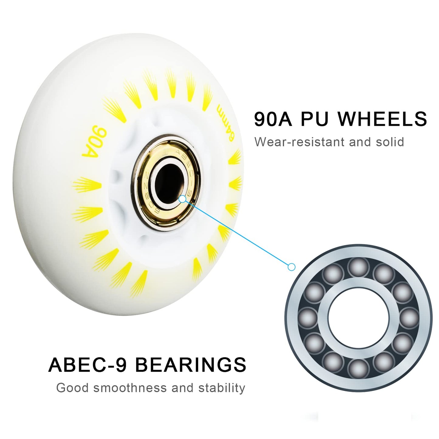 Cosmos 4 Pack 64mm Light Up Inline Skate Wheels Flash Roller Skate Wheels, 90A Roller Blade Skating Replacement Wheel with ABEC-9 Bearings for Indoor Outdoor Inline Roller Skates (Rainbow Color Light)