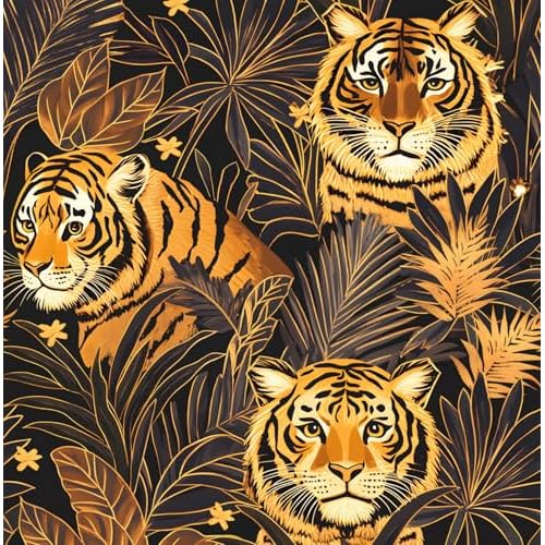 Black and Gold Tiger Wallpaper Peel and Stick Leaf Wall Paper Jungle Tropical Contact Paper for Bedroom Living Room Bathroom Renter Friendly Removable 17.5 x 118In