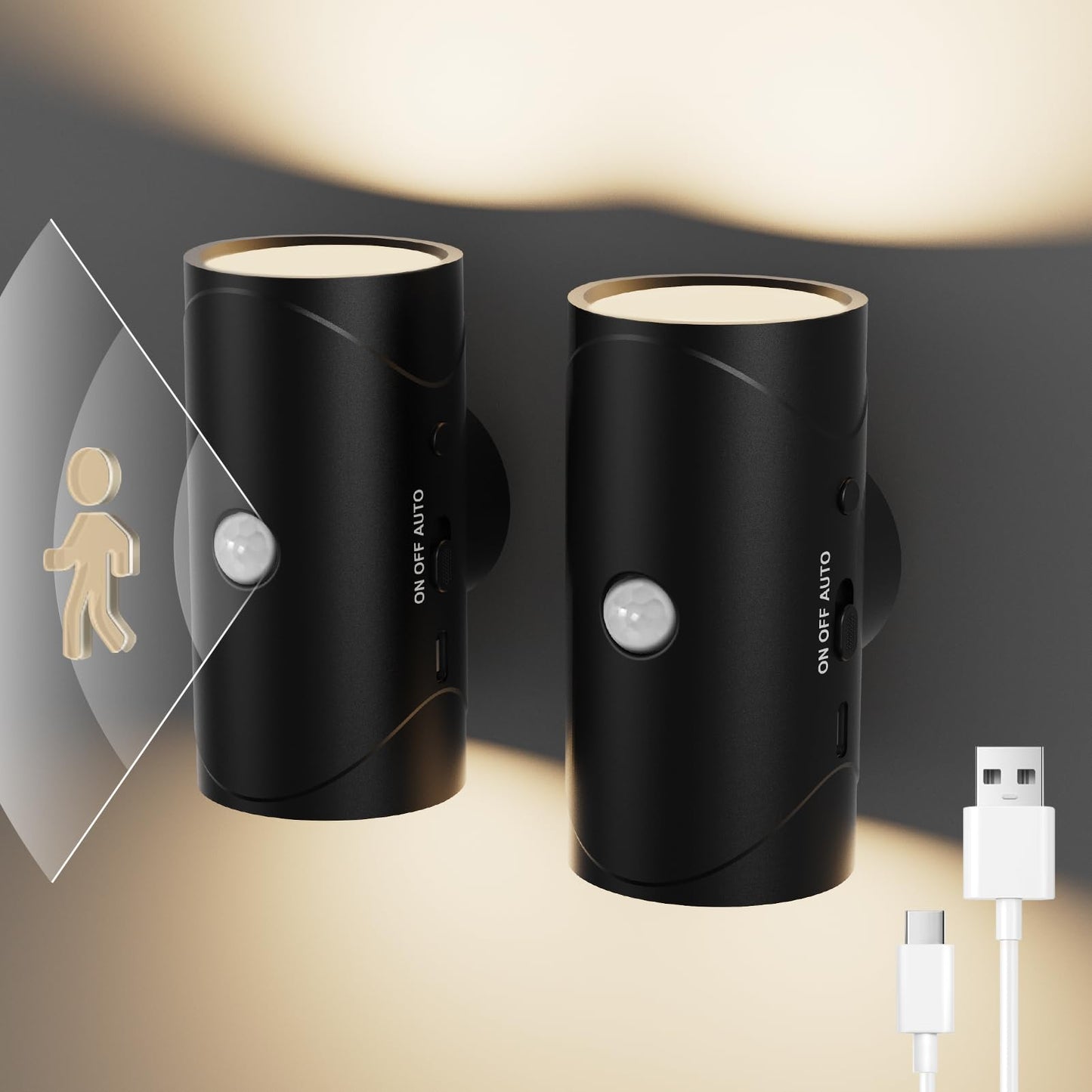 MuliVid 2 Pack LED Night Light,Rechargeable Battery Night Light,Magnetic Stick On Motion Sensor Light 3 Brightness Adjustment Modes for Bedroom, Stairway,Hallway,Bathroom(Black)