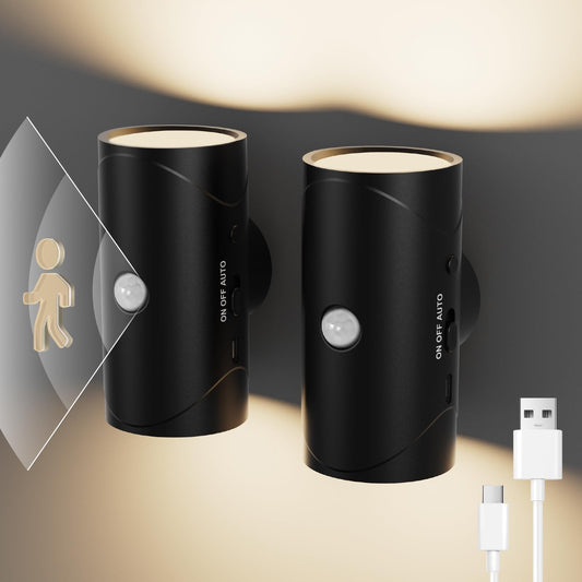 MuliVid 2 Pack LED Night Light,Rechargeable Battery Night Light,Magnetic Stick On Motion Sensor Light 3 Brightness Adjustment Modes for Bedroom, Stairway,Hallway,Bathroom(Black)