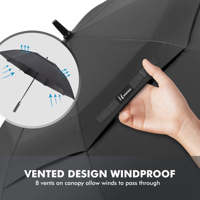 NINEMAX Golf Umbrella Large Windproof, 62 Inch Golf Umbrellas for Rain Heavy Duty, Big Double Canopy Vented for Push Cart (Black)