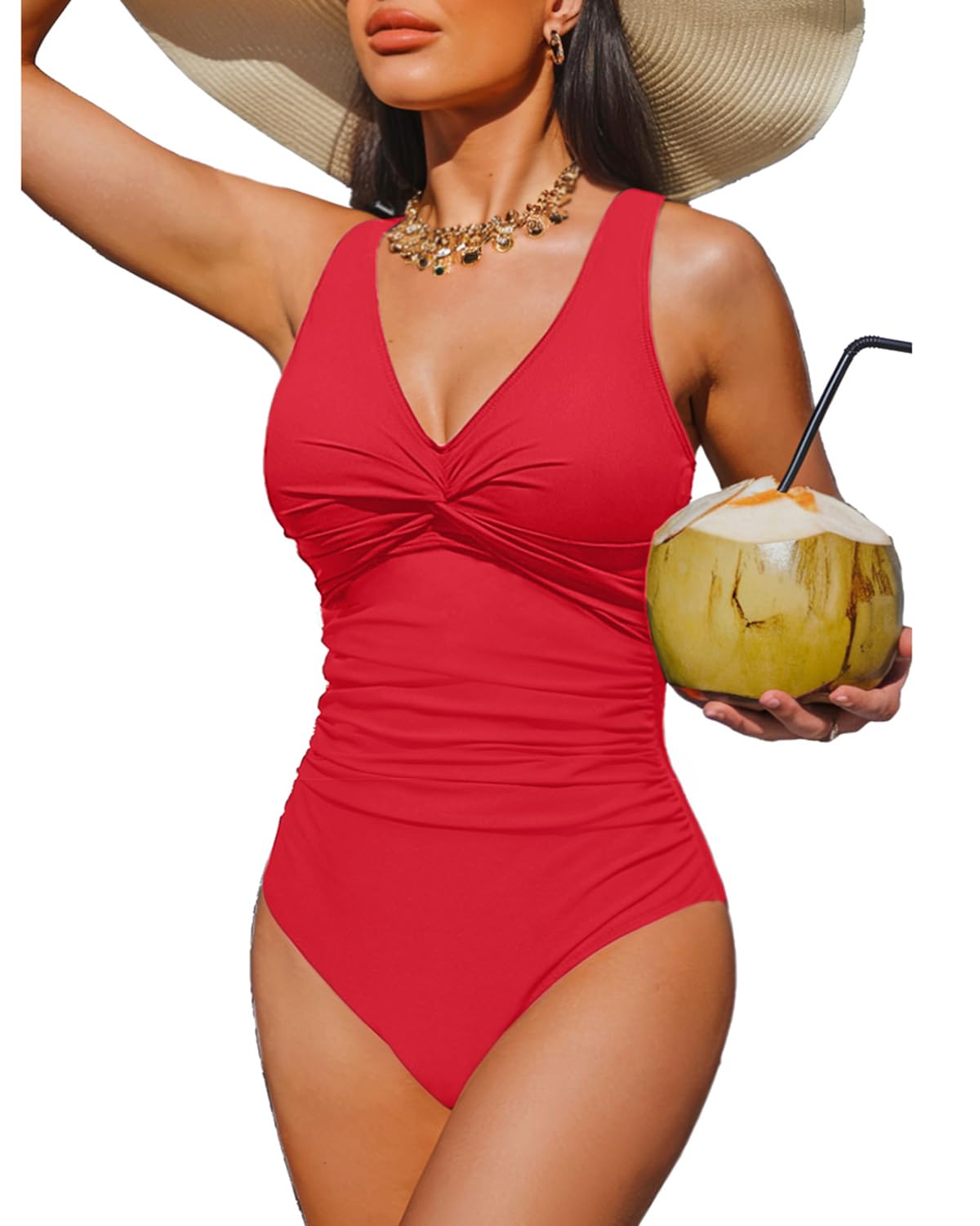 Red Tummy Control One Piece Swimsuit Full Coverage Bathing Suit S